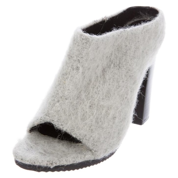 Tibi Slides Chunky Stacked Block Heel "Leona" MoHair Ice Gray - Picture 1 of 5